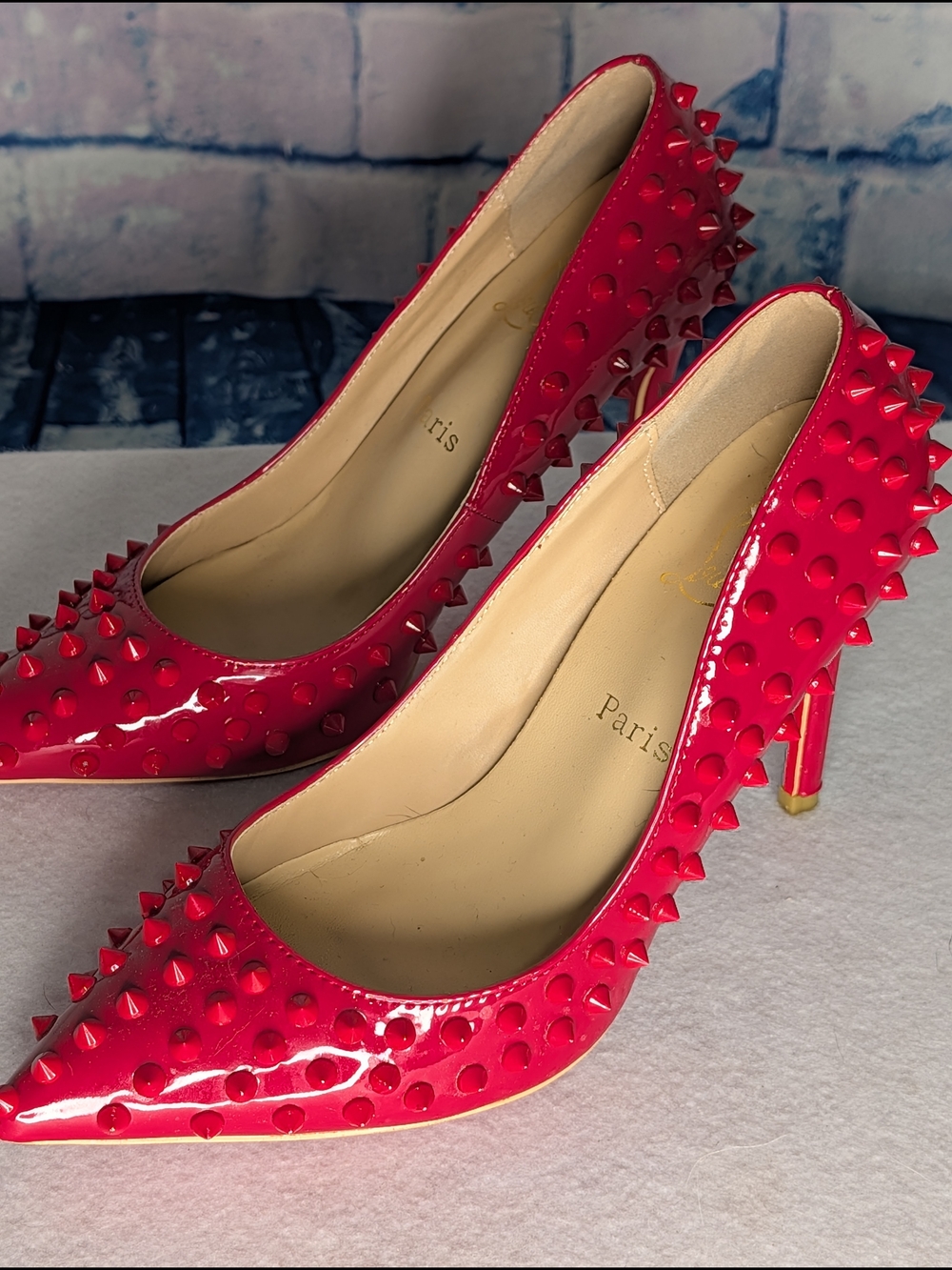 Red Studded Patent Stiletto Pumps - Women's High Heels - Picture 5 of 9